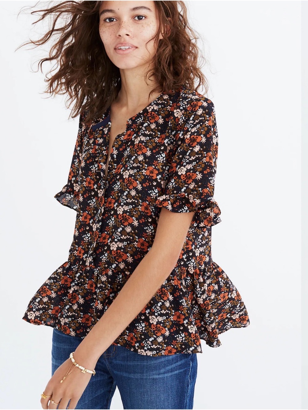 Madewell Silk Ruffle Hem Top in Prairie Blossom